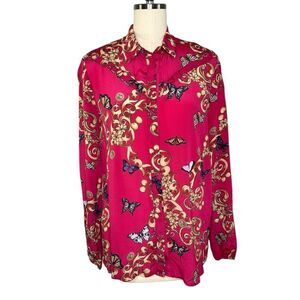 Liu Jo Pink Ruffle Butterfly Print Button Up Top | Size 4